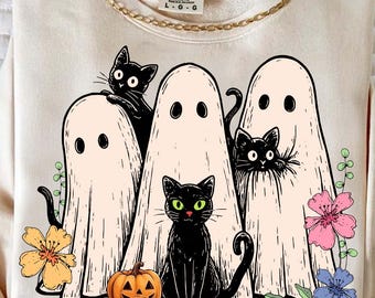 Retro Halloween Ghost And Cat Png, Black Cat Pumpkin Png, Ghots Cat Png, Spooky Ghost Png, Preppy Floral Halloween Png, Boo Halloween Png.