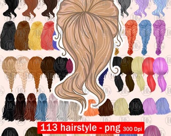Clipart cheveux femme, coiffure clipart, clipart chignon en désordre, coiffures pour femmes, clipart coiffures tressées, cheveux bouclés, coiffure féminine