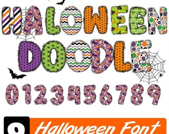 Halloween doodle lettertype illustraties png-letters (digitale download)