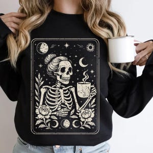 skeleton drinking coffee print, Floral Brew High Quality PNG file - Funny Digital Design for Shirts, Stickers, Halloween skeleton designs.