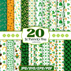 Könnte beinhalten: Ein Set mit 20 digitalen Papierdesigns mit St. Patricks Day-Motiven. Die Designs beinhalten Kleeblätter, Regenbögen, Töpfe voller Gold, Kobolde und andere festliche Elemente. Die Papiere sind in verschiedenen Farben gehalten, darunter Grün, Weiß, Gold und Orange.