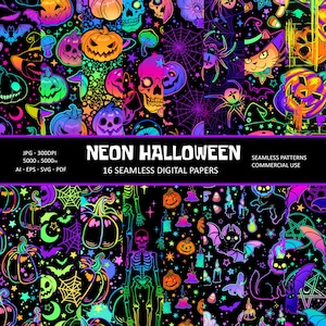 May include: A vibrant digital paper set with a neon Halloween theme. The design features pumpkins, skulls, spiders, bats, and cats in bright neon colors against a black background. The text "NEON HALLOWEEN" and "16 SEAMLESS DIGITAL PAPERS" are also visible.