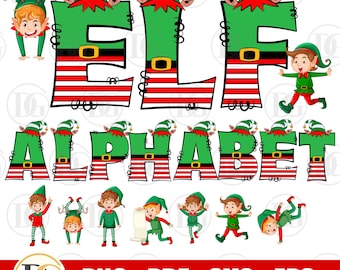 Elf Alphabet&Numbers Clipart, Merry Christmas Elf, Christmas PNG, Alphabet Xmas Letters, Digital Christmas Elf Alphabet PNG Clipart Bundle