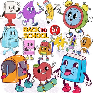 Back to School Clipart, Retro School Characters Cartoon Bundle PNG, Groovy Back to School Clipart Bundle, Teacher Png Clipart