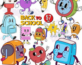 Back to School Clipart, Retro School Characters Cartoon Bundle PNG, Groovy Back to School Clipart Bundle, Teacher Png Clipart