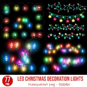 Puede incluir: Una colección de luces de decoración navideña LED de colores sobre un fondo negro. La imagen presenta varias guirnaldas de luces con diferentes formas y colores de bombillas, incluyendo rojo, verde, azul, amarillo y rosa. El texto en la parte inferior dice "LED CHRISTMAS DECORATION LIGHTS".