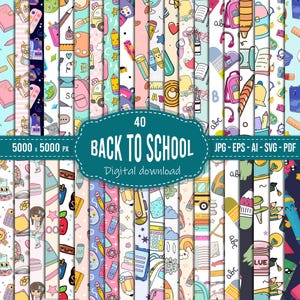 以下が含まれることがあります： 40種類のカラフルな「BACK TO SCHOOL」をテーマにしたパターンのデジタルダウンロードグラフィック。パターンには、鉛筆、本、バックパックなどの学用品が含まれています。画像には「BACK TO SCHOOL」というテキストとファイルタイプ情報が含まれています。