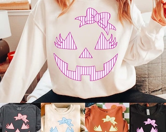 Seersucker Pumpkin Face PNG, Girly Halloween Jack O Lantern Sublimation,Bright Fall Shirt Design with Lashes,Bow Fall Png,Coquette Halloween