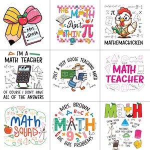 Könnte beinhalten: Eine Sammlung von neun Grafiken zum Thema Mathematik. Die Designs umfassen einen Bleistift mit Schleife und Apfel, ein Huhn mit mathematischen Symbolen und verschiedene Textdesigns wie "Math Squad" und "Math Teacher". Die Farbpalette umfasst Rot, Rosa, Grün und Blau.