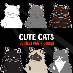 Cute Cat Clipart Bundle, clip art Set of 25 High Quality PNGs, Happy Cats, Cartoon Cat PNG, Cat mama PNG, Cats Clipart, Animals Clipart.