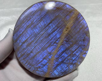 257 g de rodajas redondas de piedra lunar azul de alta calidad, doble destello azul, cristal pulido, mineral de piedra lunar, regalo navideño, decoración del hogar.