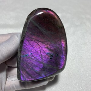 May include: A polished, rounded labradorite stone featuring a vibrant, iridescent purple and magenta flash across its surface. The stone displays a complex network of dark, thin internal fractures and natural inclusions throughout its structure.