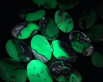 Volcanic agate palm stone, UV-reactive crystal, fluorescent agate; shown under 365nm UV light.