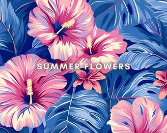40 bezszwowych papierów cyfrowych „Letnie kwiaty”, kolorowe, różowe, akwarelowe wzory kwiatowe, do użytku komercyjnego.