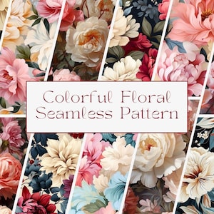12 Colorful Floral Seamless Pattern, Red Flowers: JPG Files (Digital Download)