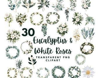 Elegancki wieniec eukaliptusowy i białe róże w formacie PNG – natychmiastowe pobranie grafiki botanicznej