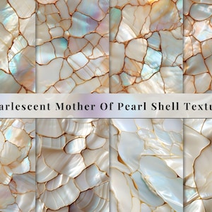 May include: A close-up of a pearlescent mother-of-pearl shell texture. The shell is white with iridescent blue and gold accents. The texture is made up of many small, irregular shapes.