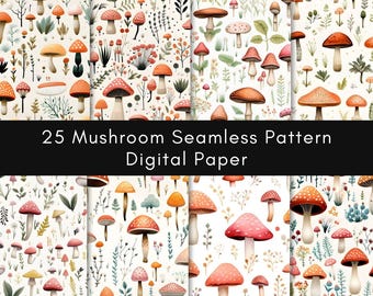 Wzór grzybowego lasu: Rustykalny papier cyfrowy (do użytku komercyjnego, do natychmiastowego pobrania)