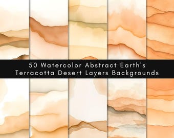 50 akwarelowych abstrakcyjnych teł w odcieniach ziemi z terakotą i warstwami pustyni