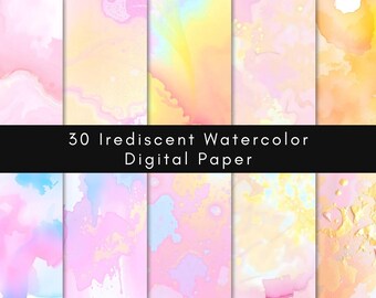 30 Irediscent akwarelowy papier cyfrowy, opalizujący, kolory tęczy, do użytku komercyjnego