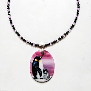 Penguin necklace*glass penguin pendant*mom and baby penguin*