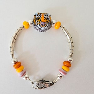 Lampwork bracelet*lampwork tiger bead*sterling silver bracelet*wildlife jewelry