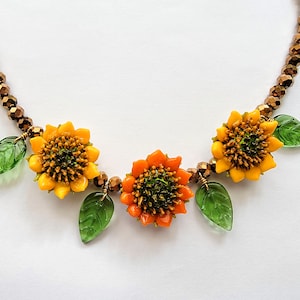 Sunflower necklace*lampwork flowers*floral necklace