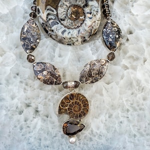 Fossil necklace*ammonite pendant* smoky topaz *gemstone focal*fossil beads