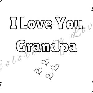 Peut inclure: Une page de coloriage en noir et blanc avec le texte I Love You Grandpa dans une police à contours épais. Le motif est orné d'une bordure de petits cœurs, de lignes sinueuses et de deux avions en papier, avec quatre cœurs sous le texte.