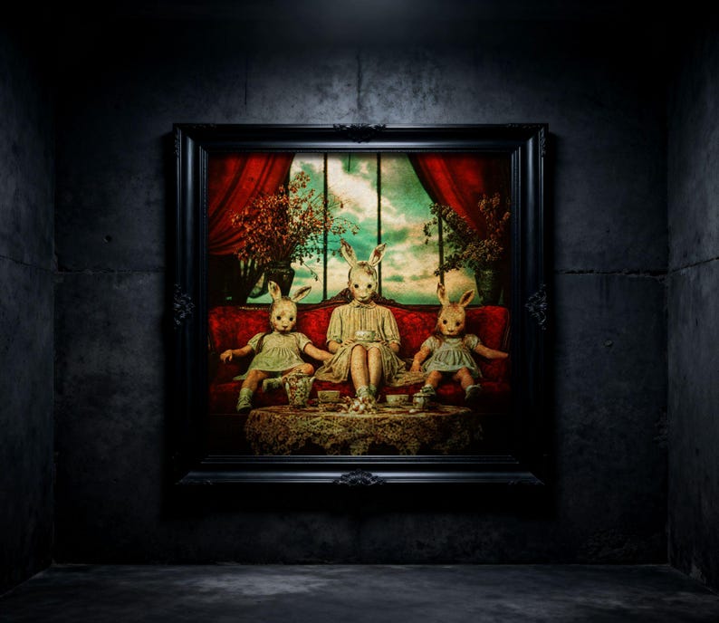 creepy-bunny-mask-horror-art-print-surreal-gothic-tea-party-decor