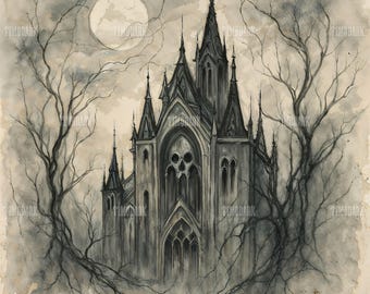Haunted Cathedral – Gothic Ink Art Print by TimoDark | 1:1 300 DPI Digital Download