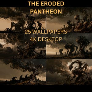 Könnte beinhalten: Digitales Kunstwerk mit 25 surrealen Hintergrundbildern für 4K-Desktop-Displays. Das Bild zeigt eine Reihe dunkler, verdrehter Figuren und Strukturen vor einem stürmischen, sepiafarbenen Hintergrund, der ein Gefühl des Unbehagens erzeugt.