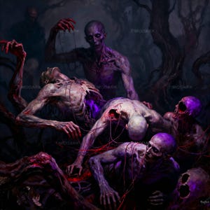 May include: A dark, surreal painting depicting several emaciated figures with exposed wounds and a purple glow. The figures are clustered together, with red strands connecting them. The artwork has a horror theme.
