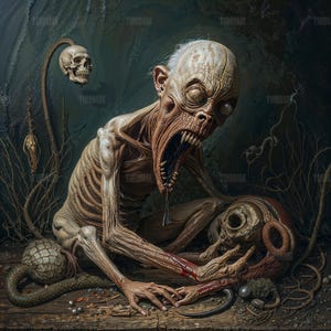 May include: A grotesque, emaciated creature with a gaping mouth and sharp teeth, clutching a skull. The artwork features a dark, ominous color palette with a hanging skull and a snake-like form, creating a horror theme.