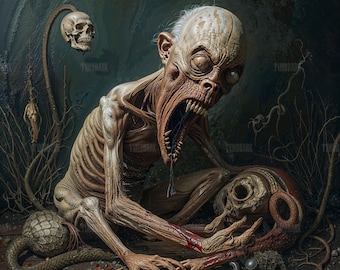 Puede incluir: Una criatura grotesca y demacrada con la boca abierta y dientes afilados, agarrando una calavera. La obra presenta una paleta de colores oscura y ominosa con una calavera colgante y una forma de serpiente, creando un tema de terror.