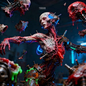 Puede incluir: Obra de arte digital que representa un cyborg con carne expuesta y componentes mecánicos. La figura tiene una tez pálida, con venas rojas y acentos azules y rojos brillantes. El metal oxidado y el limo verde se suman a la estética distópica.