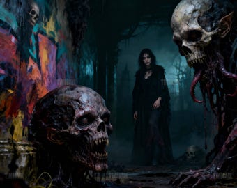 Puede incluir: Una obra de arte digital de temática gótica oscura que presenta a una mujer de negro entre dos calaveras monstruosas. La escena está ambientada en un entorno sombrío y en descomposición con graffiti en la pared, creando una atmósfera inquietante.