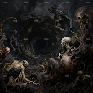 May include: A dark, surreal digital painting featuring skeletal figures and a swirling vortex. The figures, rendered in shades of gray, brown, and beige, appear emaciated and distorted. The artwork evokes a sense of dread and the macabre, with a focus on the grotesque and unsettling.