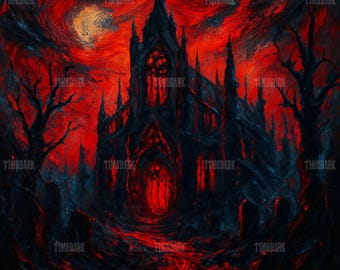 May include: A dark, gothic-style painting featuring a black cathedral against a fiery red sky. The artwork has a textured, brushstroke style, with a full moon and bare trees adding to the eerie atmosphere. The artist's name, TIMODARK, is watermarked across the image.