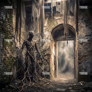 Puede incluir: Obra de arte digital que representa una figura humanoide compuesta de raíces y ramas, de pie en una habitación de ladrillo en ruinas. La figura está centrada, con los brazos extendidos. La habitación presenta una puerta arqueada que conduce a un espacio brumoso.