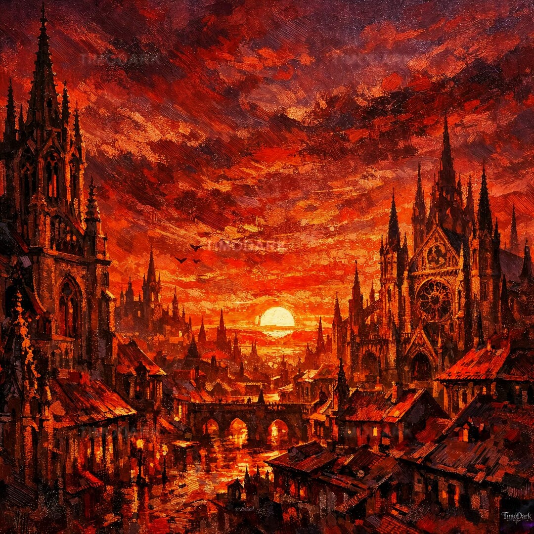 Gothic Sunset City Art Print, Dark Fantasy Cityscape, Fiery Sky Gothic ...