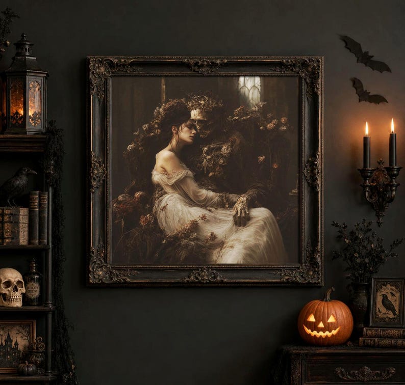 May include: A square framed wall art piece featuring a dark, romantic painting of a person in a white gown embracing a skeletal figure adorned with flowers. The ornate, dark-toned frame surrounds the detailed, moody artwork in a gothic style.