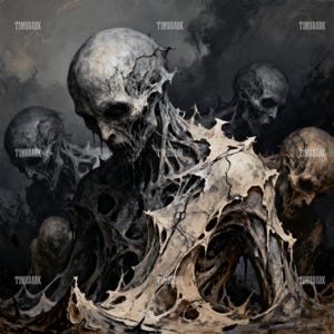 May include: A dark, artistic depiction of several skeletal figures with decaying flesh. The figures are rendered in shades of gray and white, with a focus on texture and form. The artwork evokes a sense of horror and the macabre.