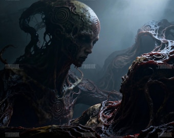 Puede incluir: Una obra de arte digital que representa dos figuras humanoides con rasgos grotescos y patrones en espiral en sus cabezas. Las figuras se sitúan sobre un fondo oscuro y atmosférico con una sensación brumosa y ominosa. La obra evoca una sensación de horror y lo desconocido.