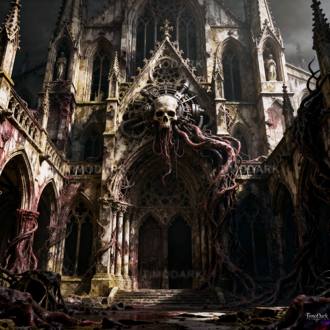 Gothic Cathedral Horror Art Print, Dark Church Ruins, Biomechanical ...