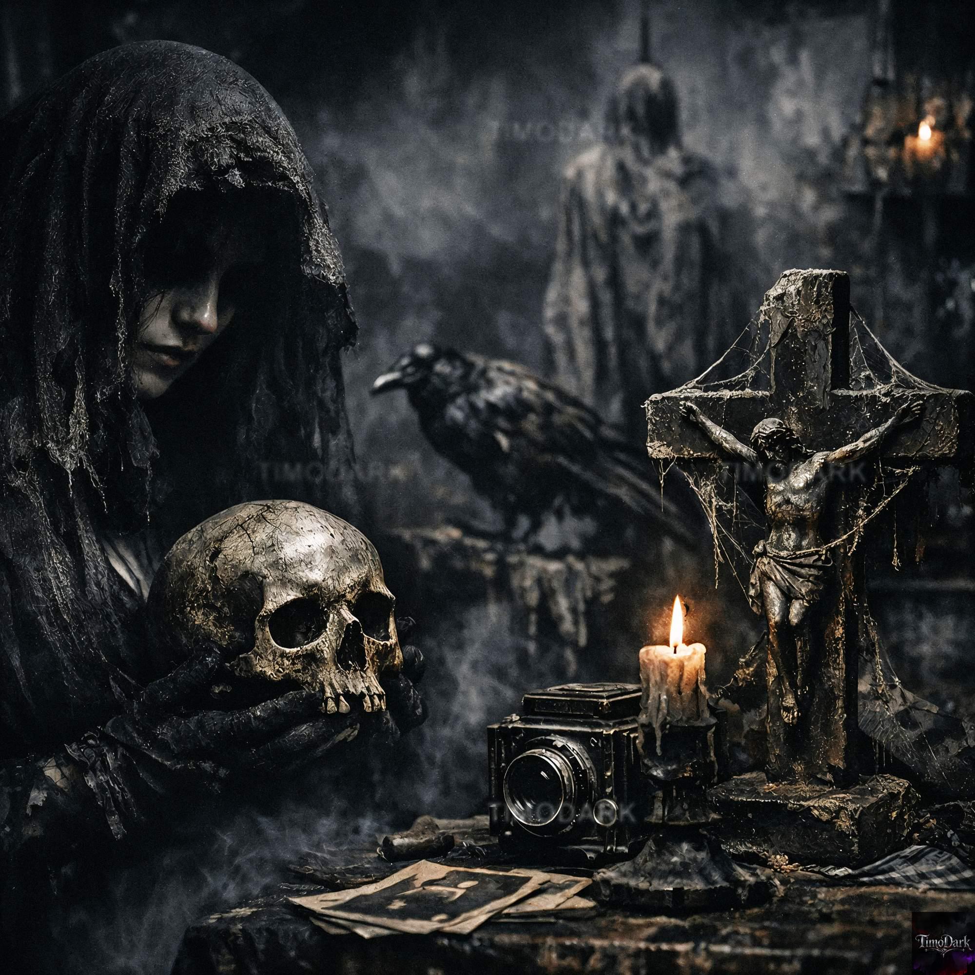 Gothic Ritual Skull Art Print, Dark Occult Religious Horror, Raven