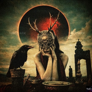 May include: A digital art piece featuring a person wearing an ornate mask with antlers, a dark red eclipse in the background, and a black crow perched on a stone. The artwork has a vintage, gothic aesthetic.