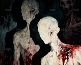 May include: An unsettling painting depicts faceless figures with pale skin and blood-like red streaks. The artwork features a dark, shadowy background, creating a haunting and eerie atmosphere. The figures appear to be in a state of distress or pain.