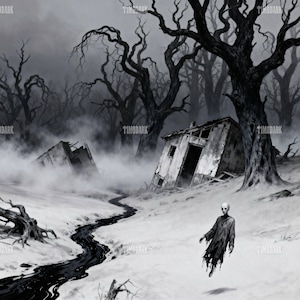 May include: A grayscale digital art piece depicting a desolate, eerie landscape. Bare, gnarled trees dominate the background, with a dilapidated house and a spectral figure in the foreground. A dark, winding river flows through the snowy terrain.