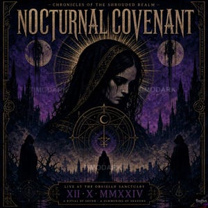 May include: A digital art print with a gothic theme. The image features a woman in a dark veil, with the words "NOCTURNAL COVENANT" at the top. The bottom of the image reads "LIVE AT THE OBSIDIAN SANCTUARY XII X MMXXIV". The color palette is dark purple and black.